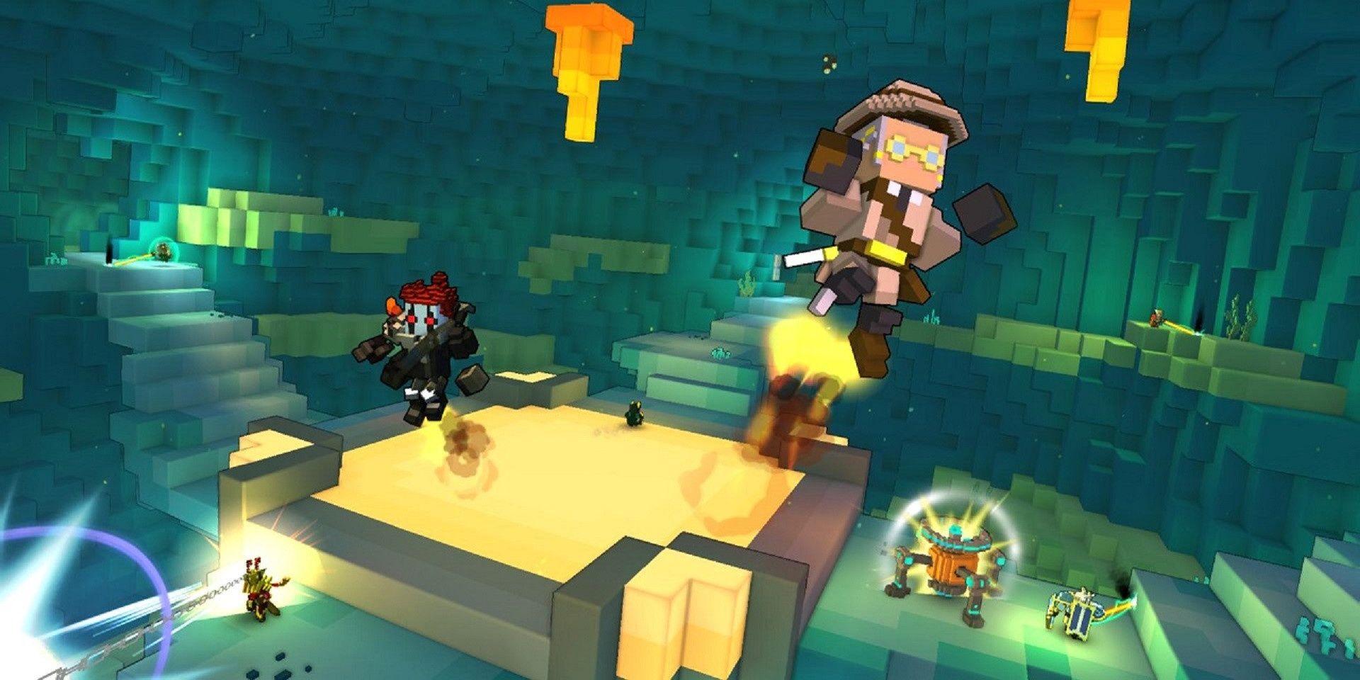 Blocky characters leap from a platform in Trove.