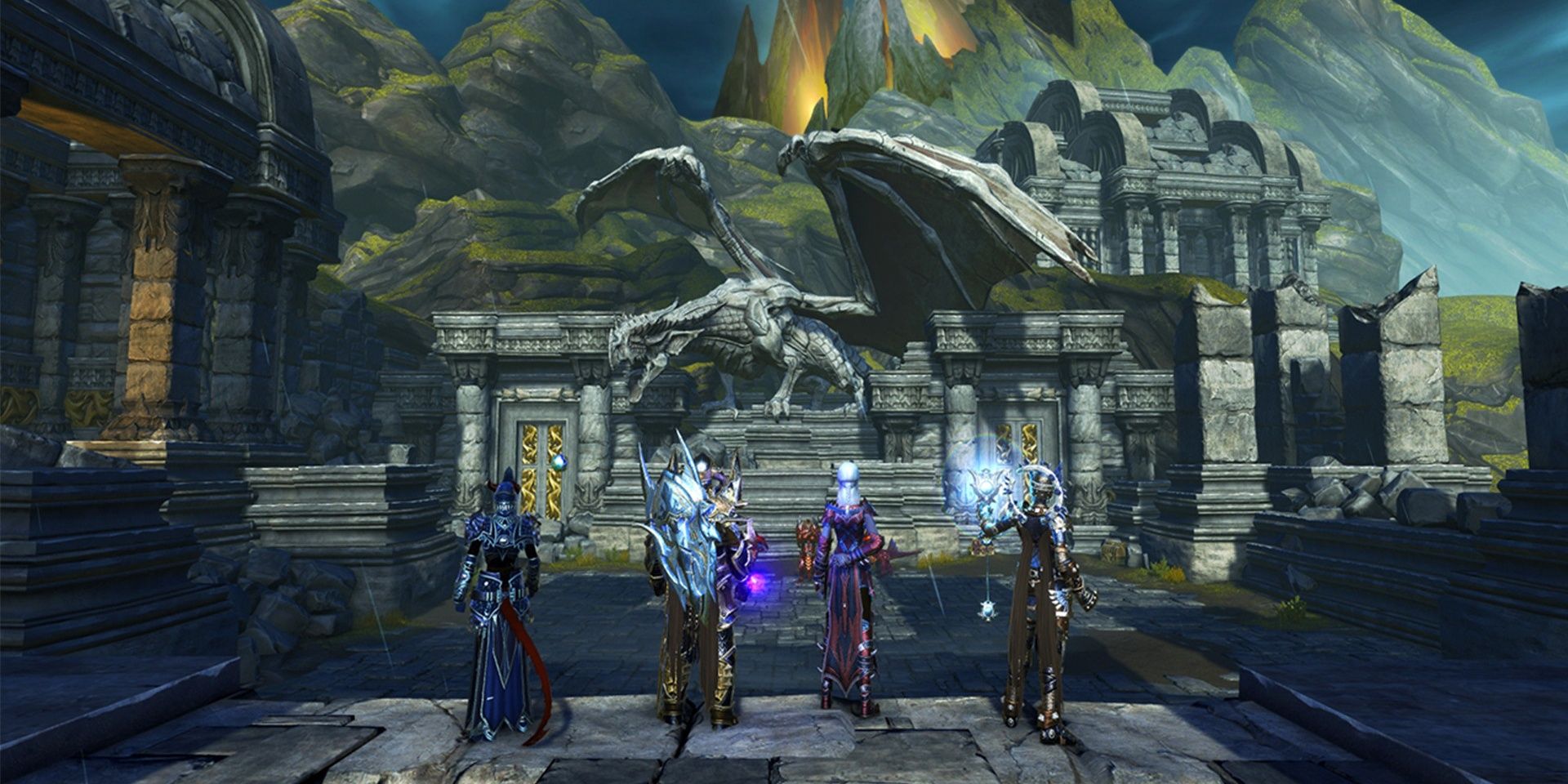 four fantasy adventurers face towards a stone dragon