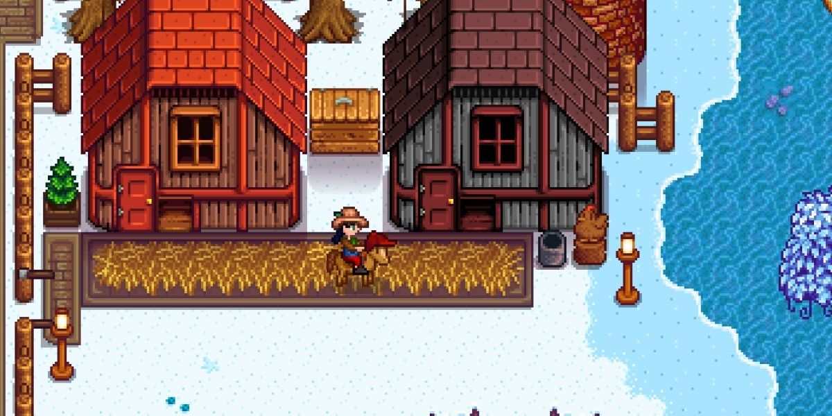 Stardew Valley Player Sitting On Horse Beside Coops And Mini Shipping Bin On Beach Layout Farm