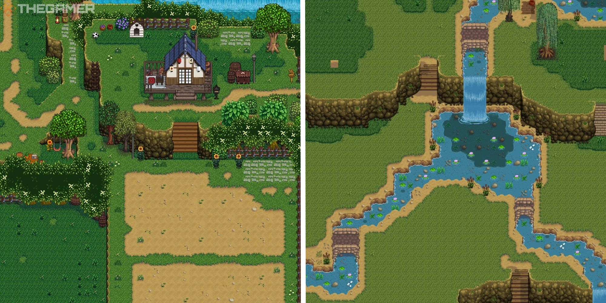 split image showing mountain top farm next to image of white water farm map
