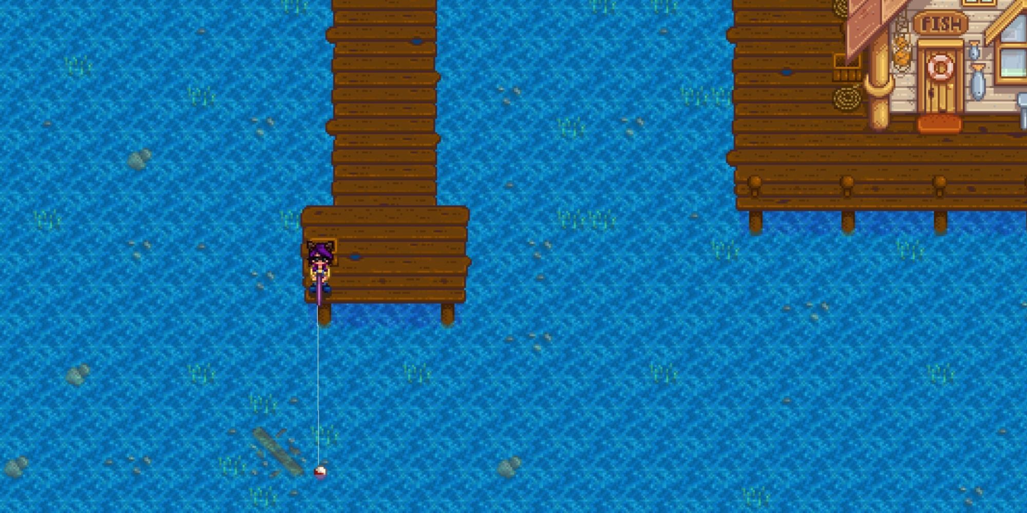 Stardew Valley player fishing on a dock