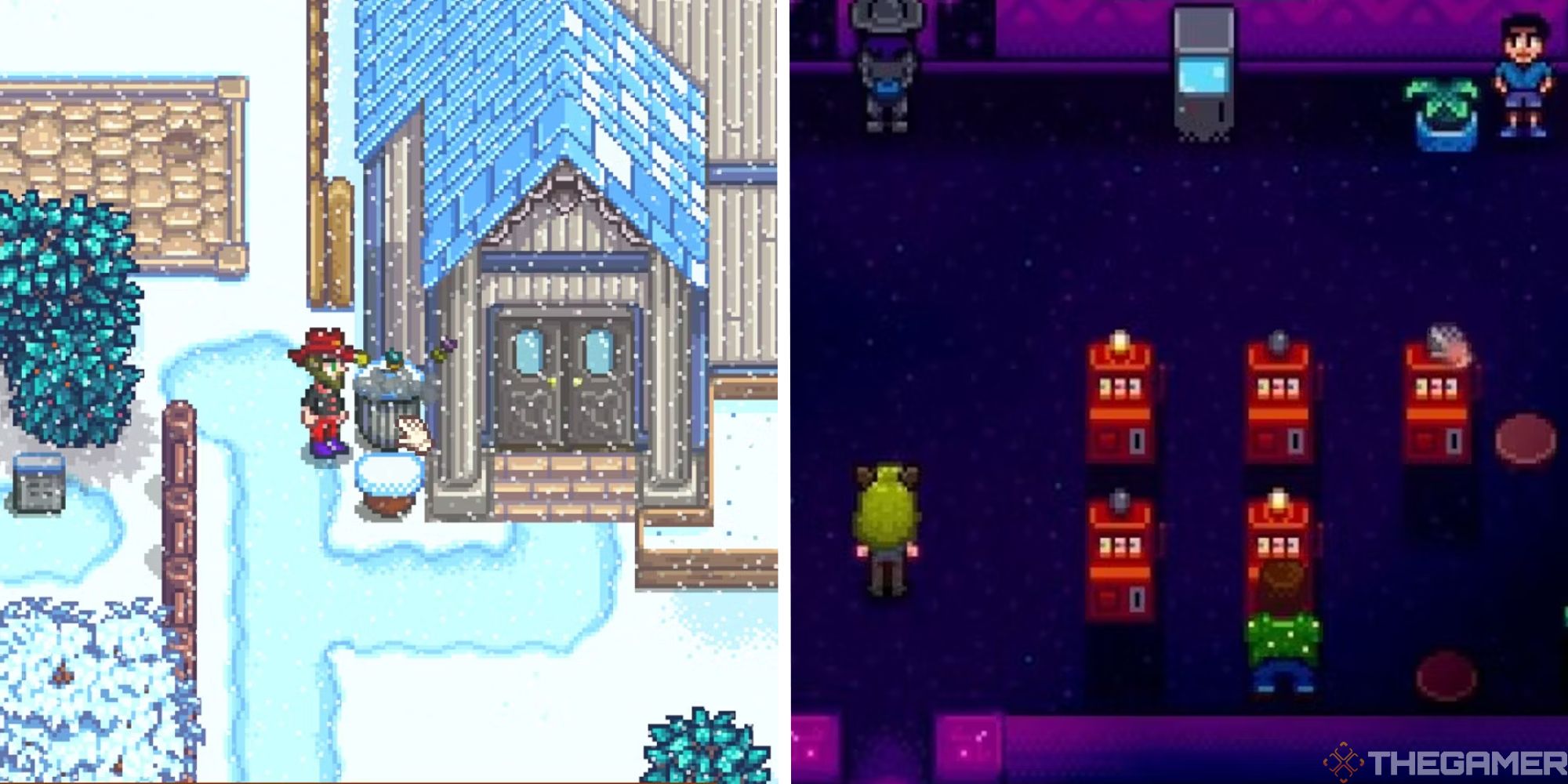 stardew valley split image showing person dig through the trash next to image of person standing in the casino