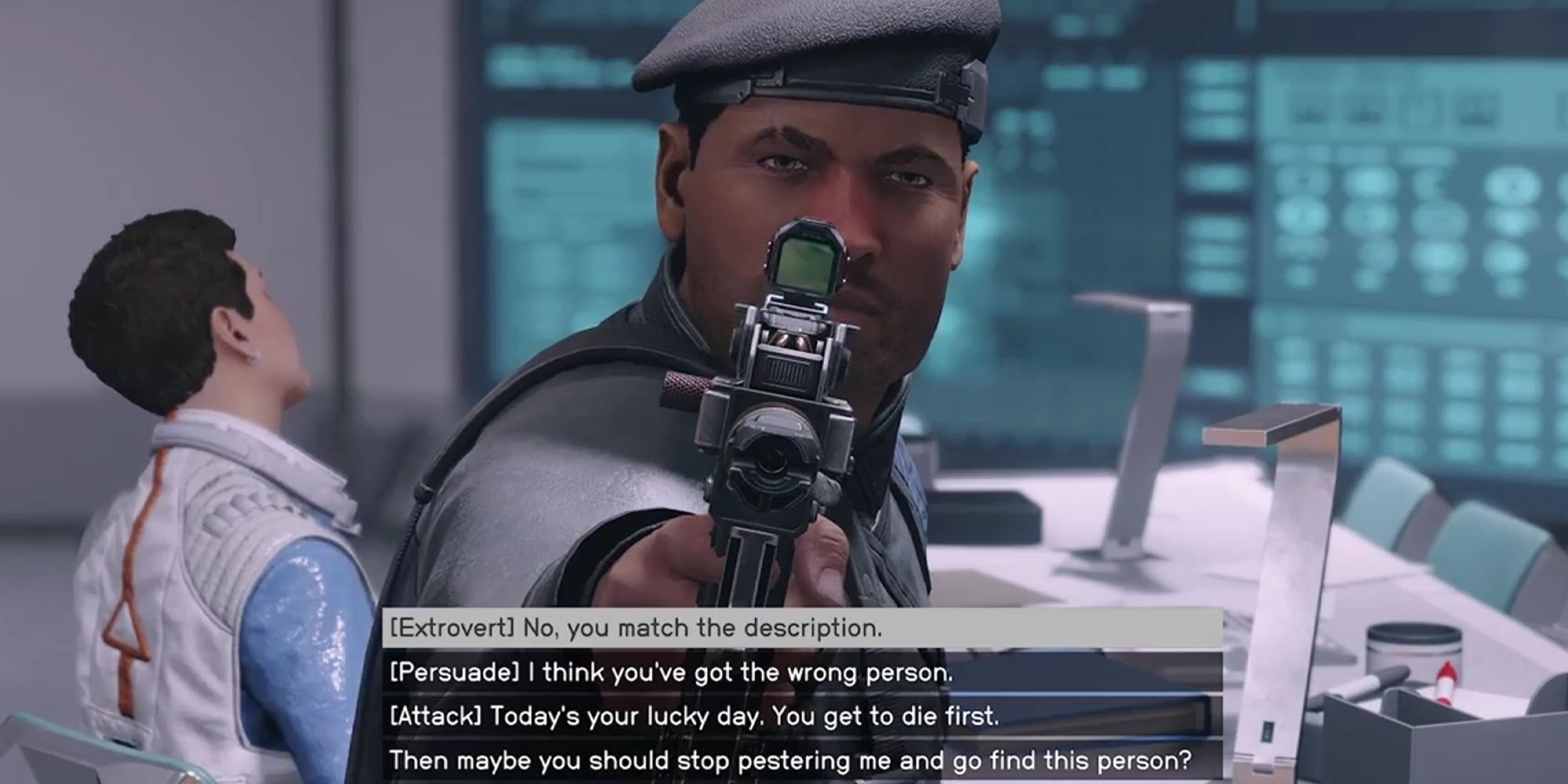 Starfield guard pointing a gun at the camera with the dialogue option, 