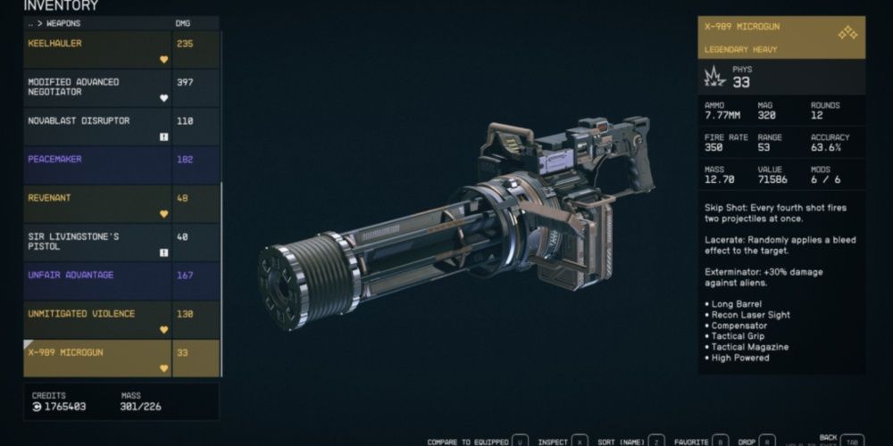 Старфилд, скриншот тяжелого оружия Microgun на экране инвентаря
