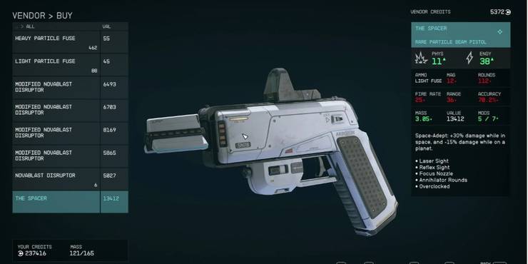 Starfield, Screenshot Of The Spacer Pistol On The Vendor Screen