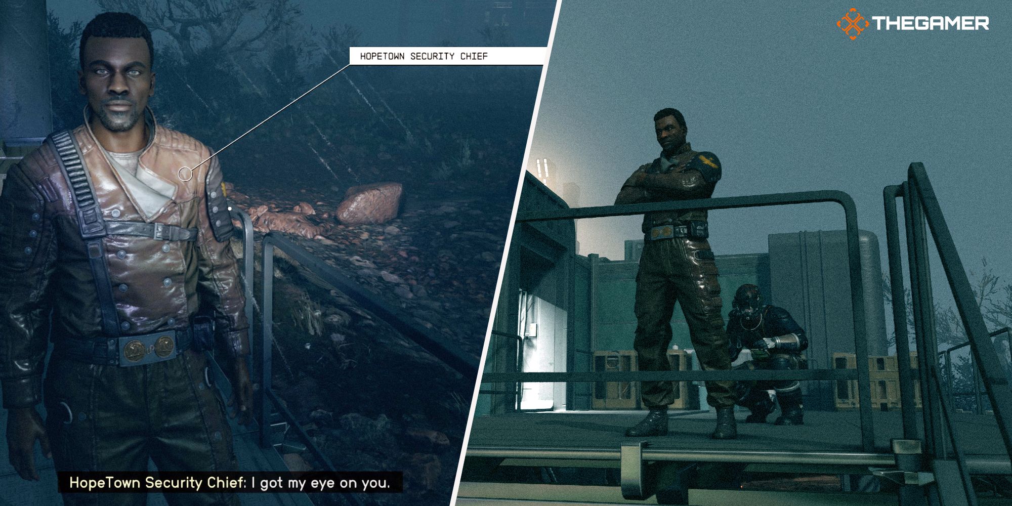Left: The Security Chief explaining he's got his eye on the protagonist. Right: Protagonist stealing from the chief 