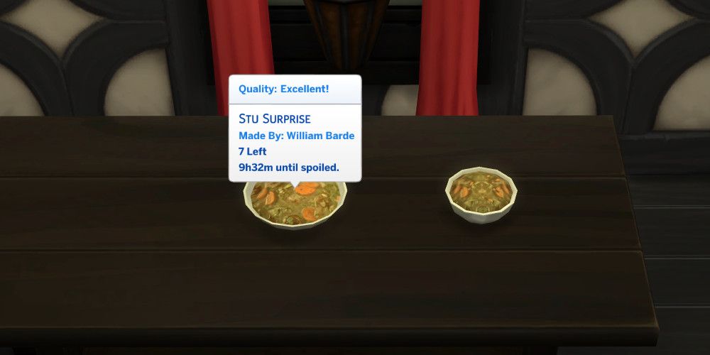 A huge bowl of excellent quality Stu Surprise sits on a table in The Sims 4, accompanied by a smaller bowl to the right.