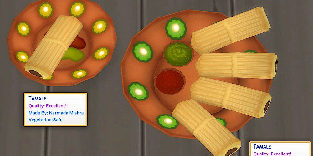 Screenshot of The Sims 4 showing plates full of tamales.