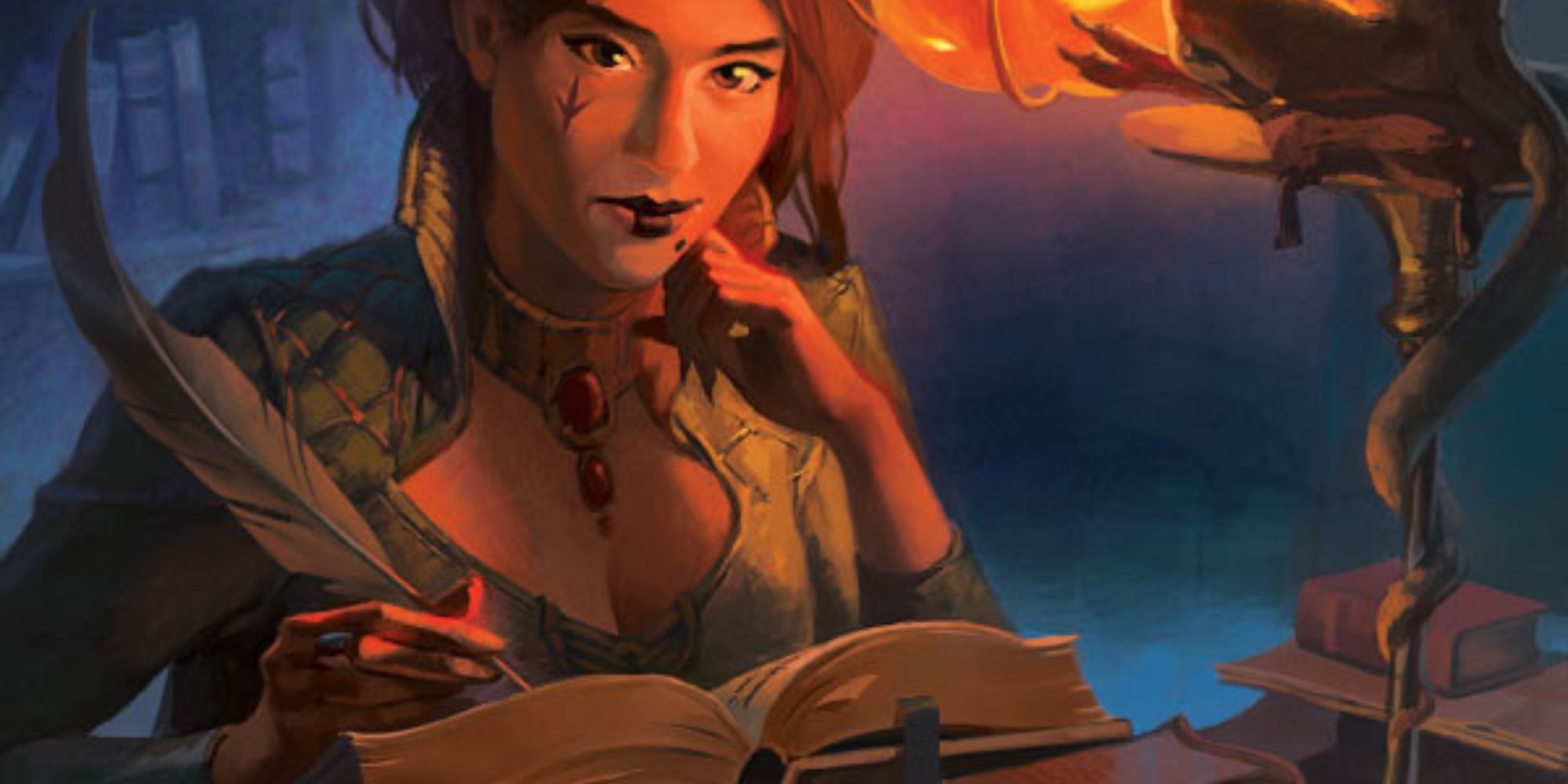 Artwork of Tasha the Witch Queen writing in a book