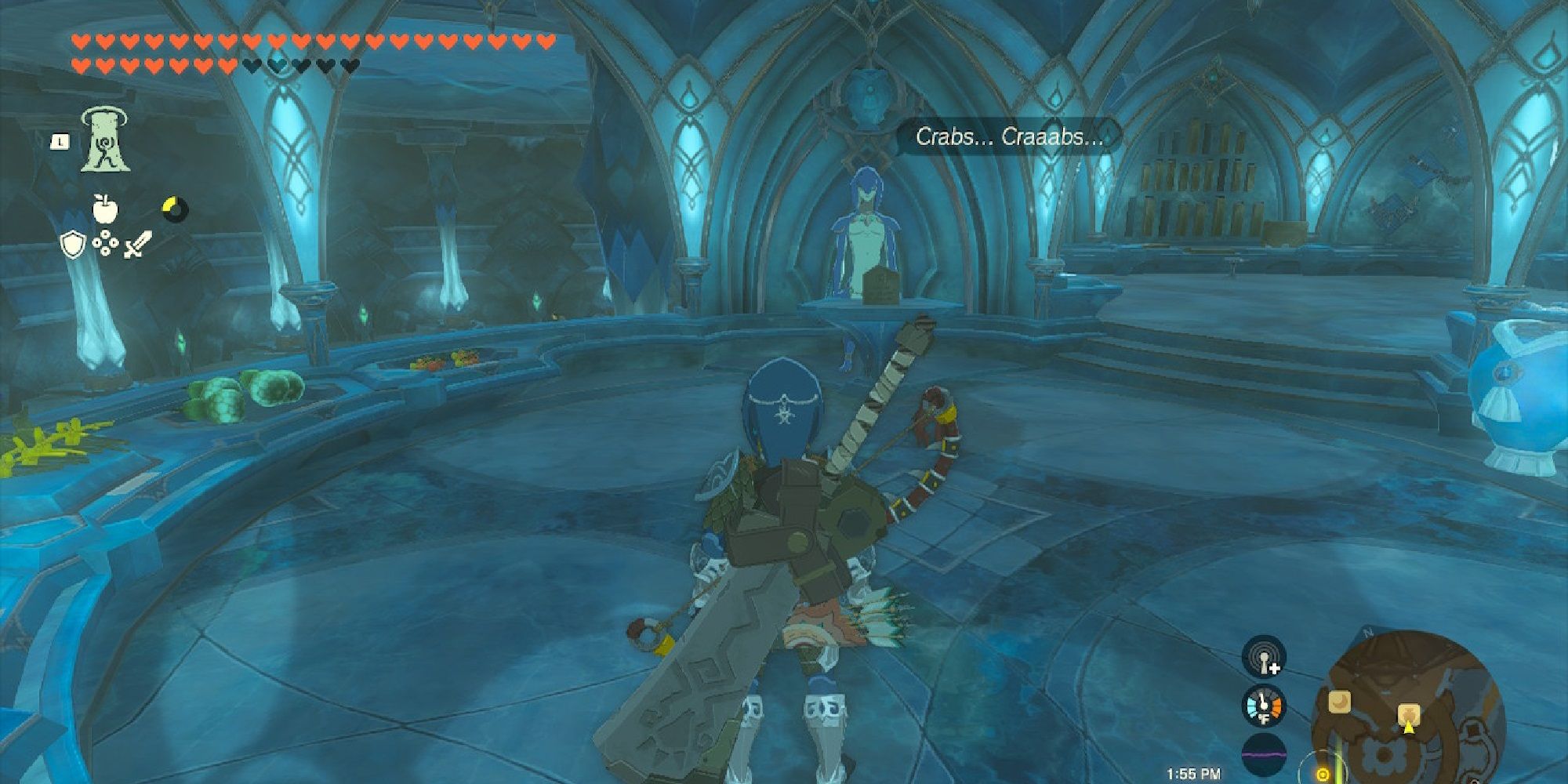 The Zora general store manager mutters to himself about crabs while Link watches
