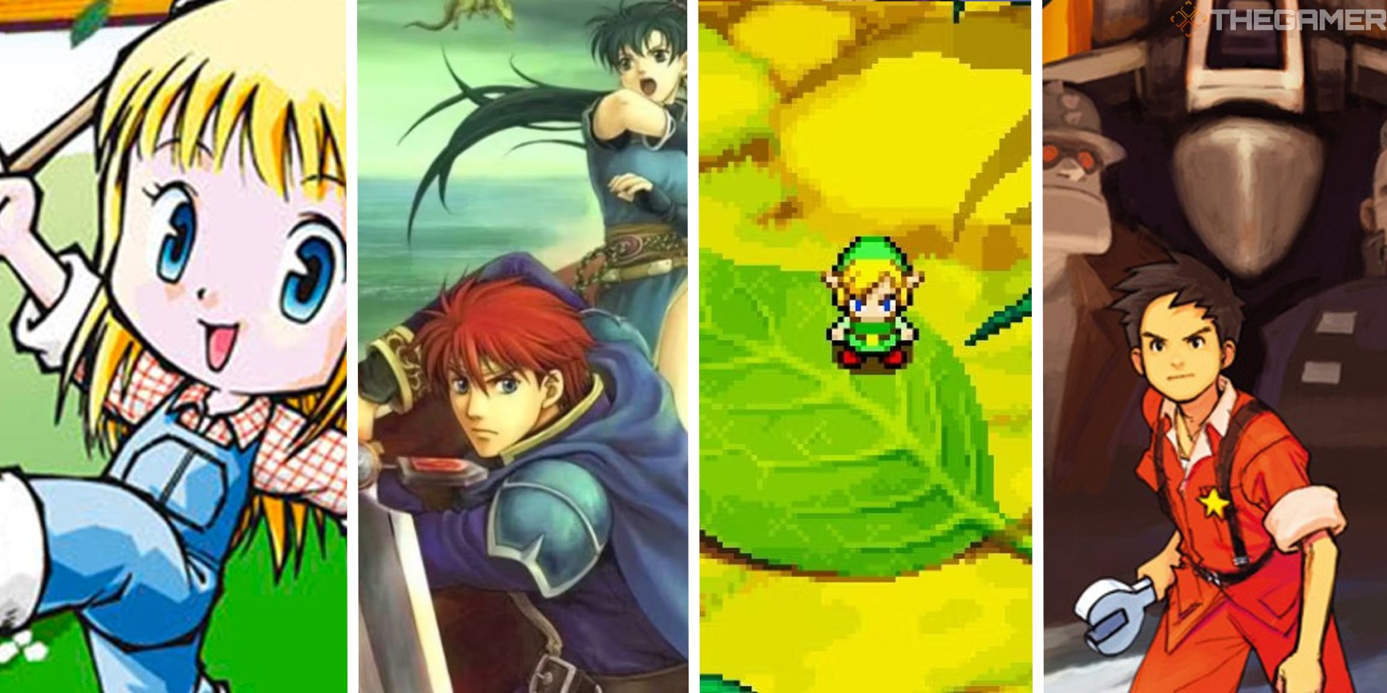 split image showing harvest moon, fire emblem 7, minish cap, and advance wars 2