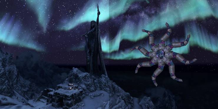 The massive stone statue of Azura stands tall with bright blue and purple lights in the sky.