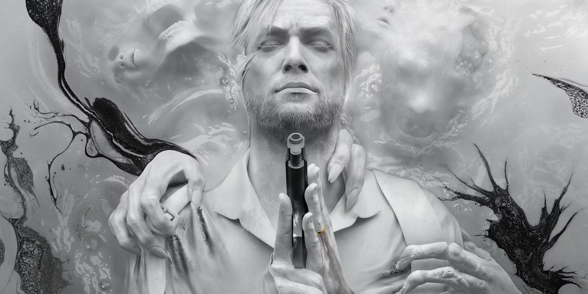 The Evil Within The Hero With A Gun Frozen In Plaster-Like Material