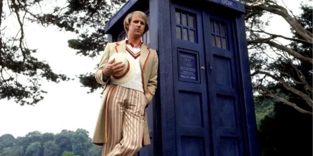 The Fifth Doctor beside the TARDIS
