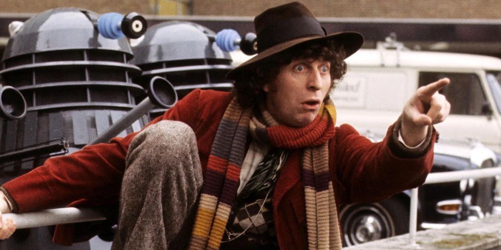 The Fourth Doctor with Daleks in the streets