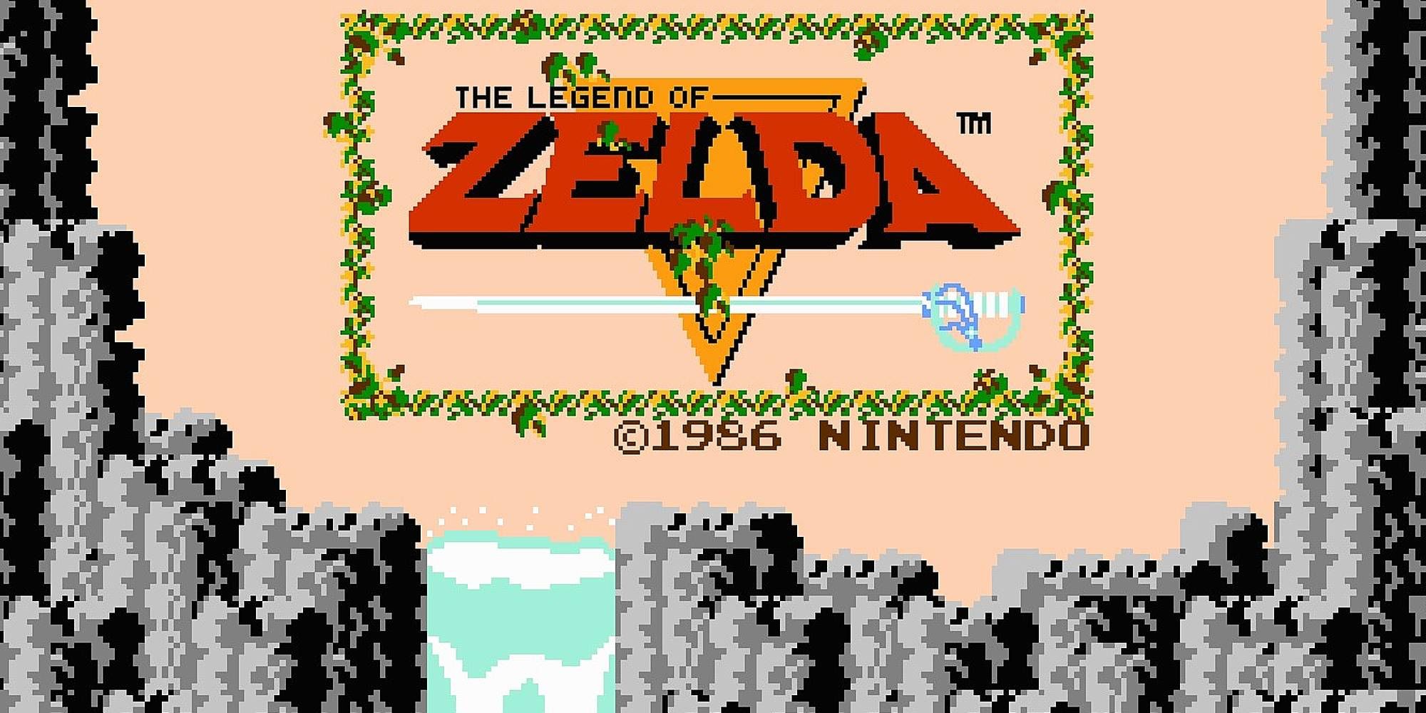 The Legend Of Zelda Logo for the original NES title over a waterfall