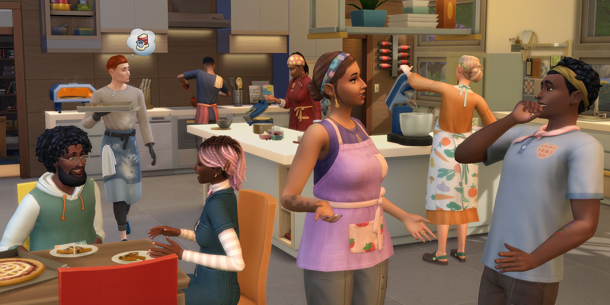 The Sims 4 home chef hustle a group of sims in a alrge kitchen, some eating and some cooking all laughing together