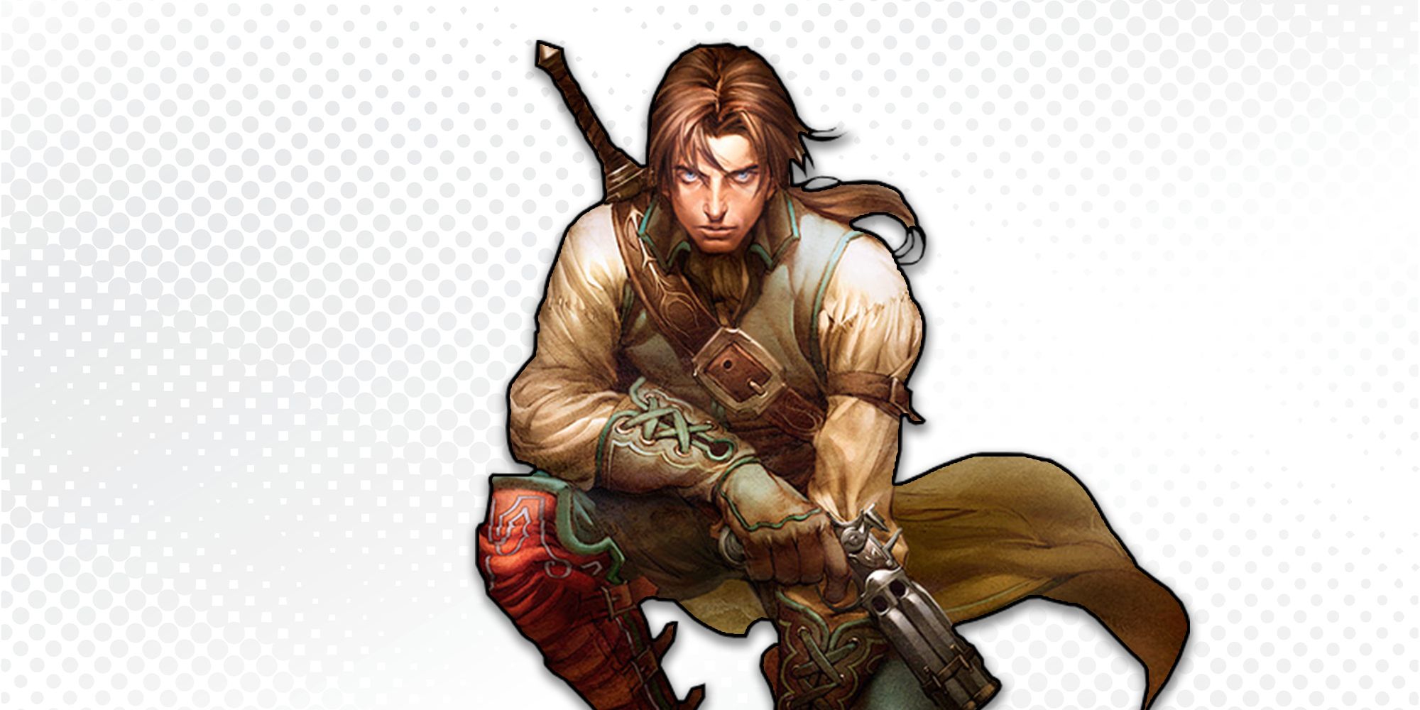 The male protagonist from Fable 2 kneels down while whielding a old fashioned pistol. There's also a sword on his back. He is in front of a while background. 
