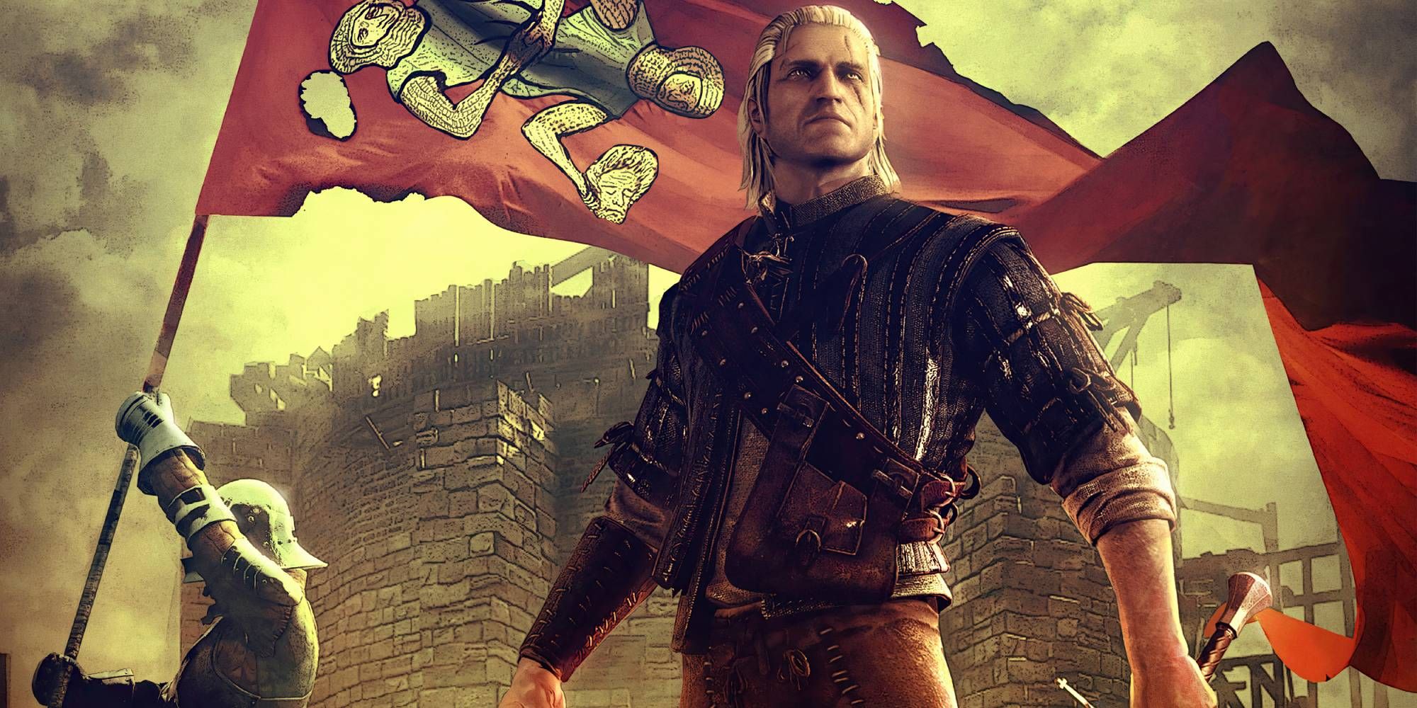 Geralt standing in front of a figure holding a banner in front of a castle
