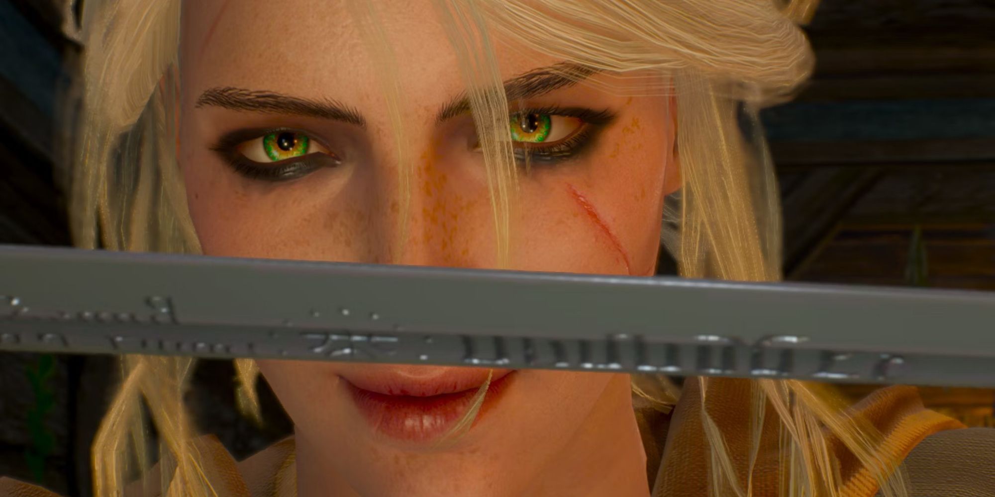 the witcher 3 ciri looking at her new sword with a smile on her face