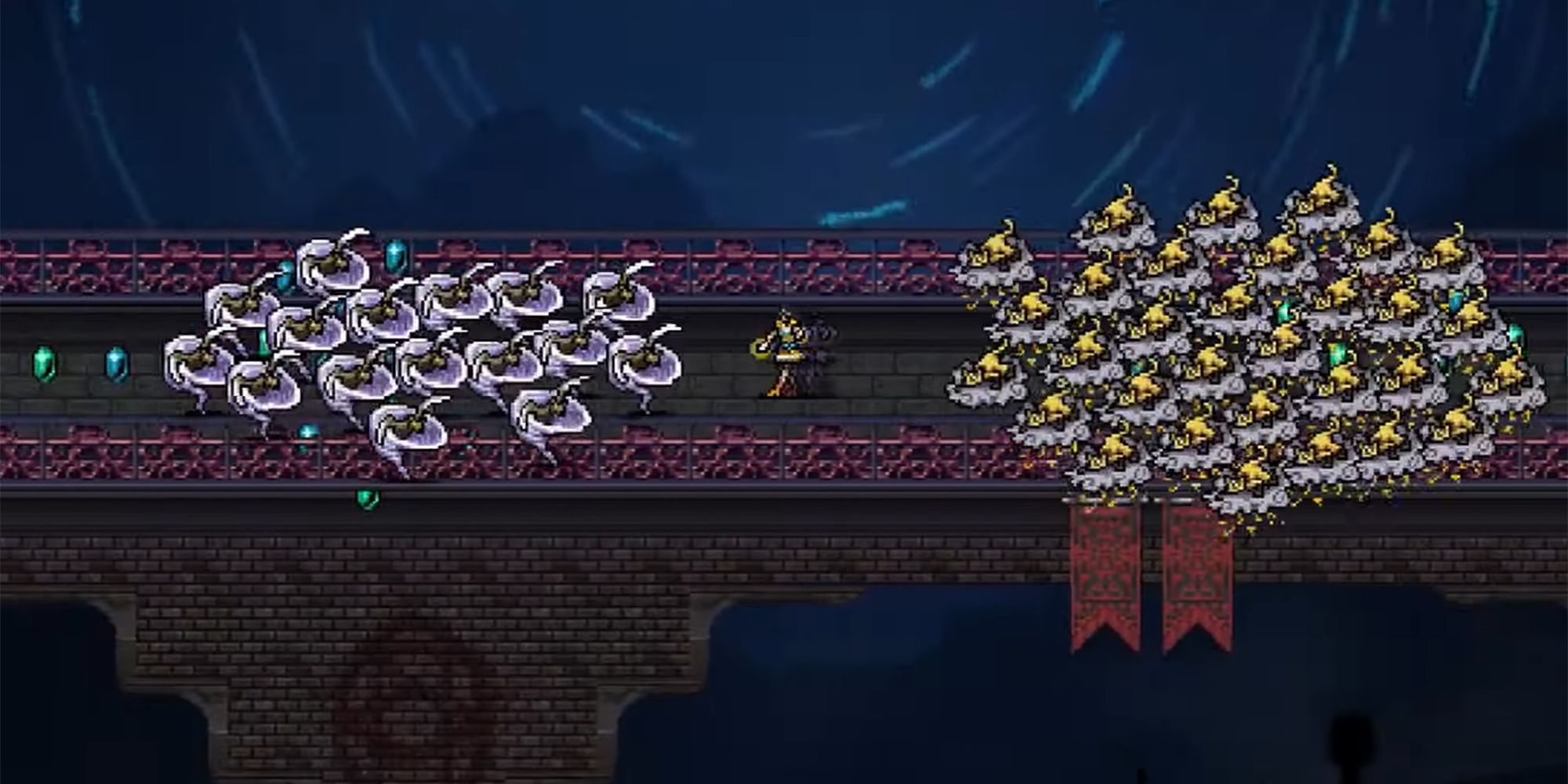 tiny bridge map with two groups of enemies surrounding the player from both sides