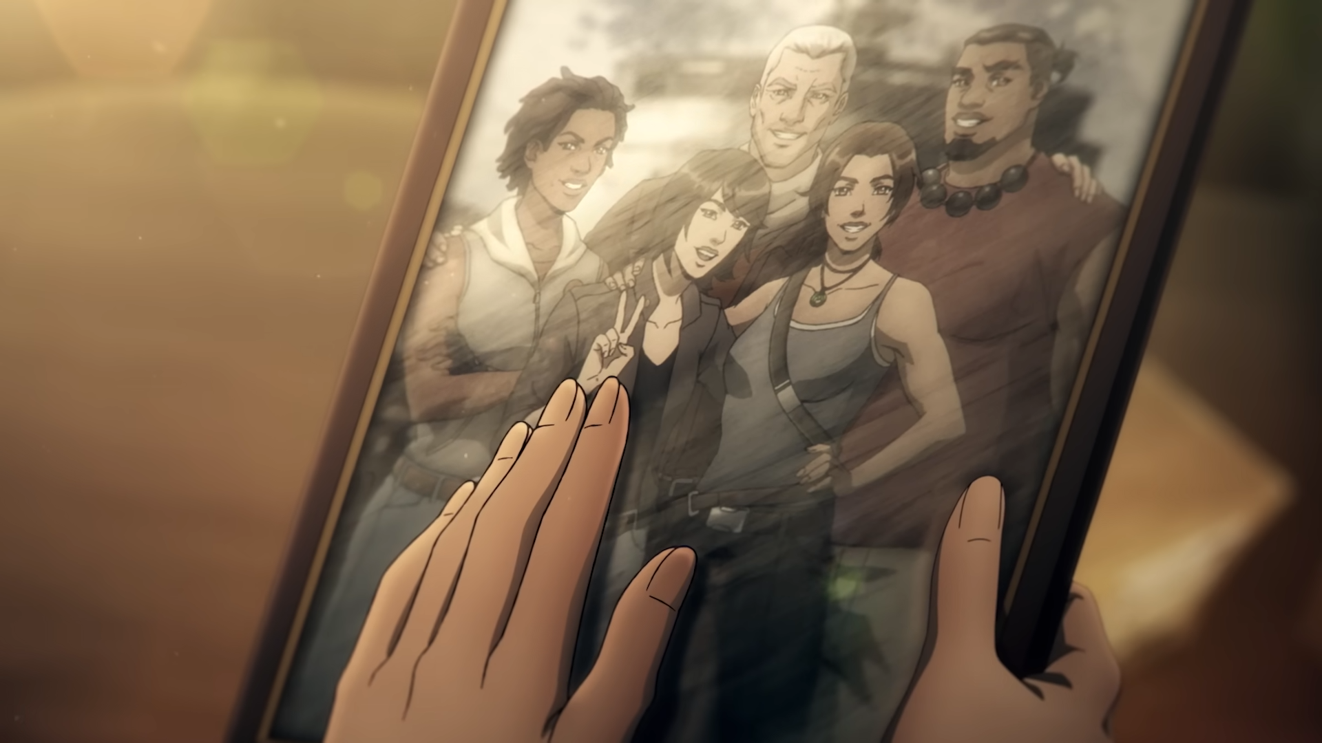 Lara holding a photo of her crew mates in Tomb Raider: The Legend of Lara Croft