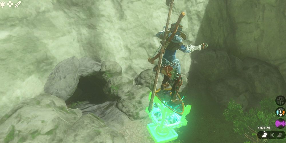 Tears of the Kingdom Link bounces on a Spring attached to a shield