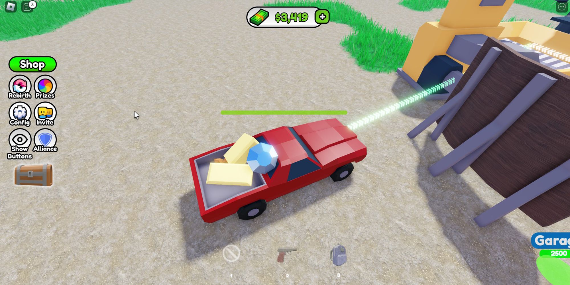 A red pick-up truck drops ores off into a factory processor in the Roblox game Ultimate Factory Tycoon.