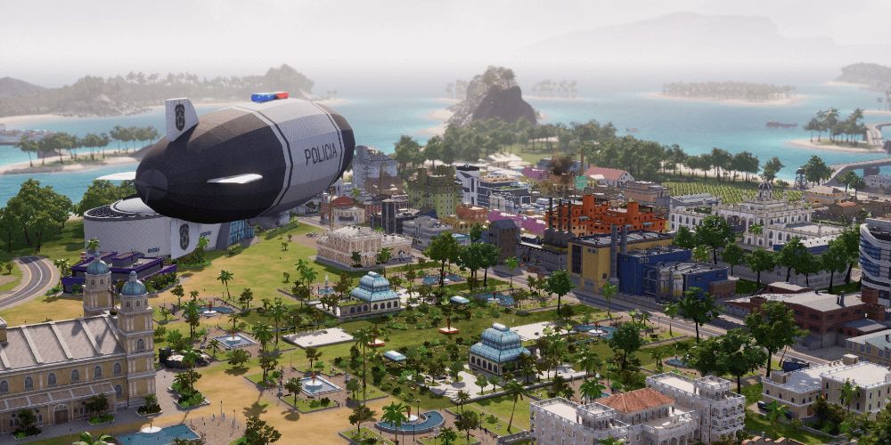 Tropico 6, ein blühender Inselstaat, über dem ein Polizeizeppelin schwebt
