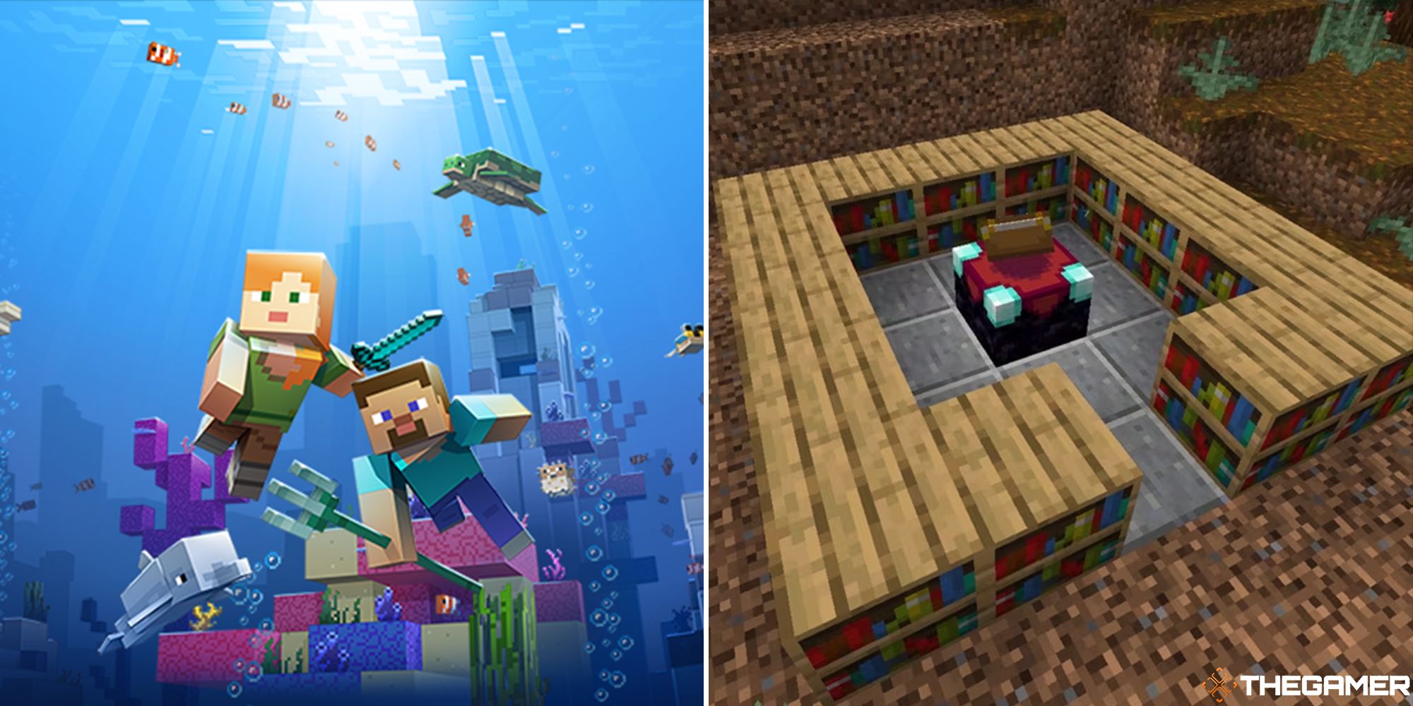 minecraft underwater update promo art and enchanting table surrounded by bookshelves split