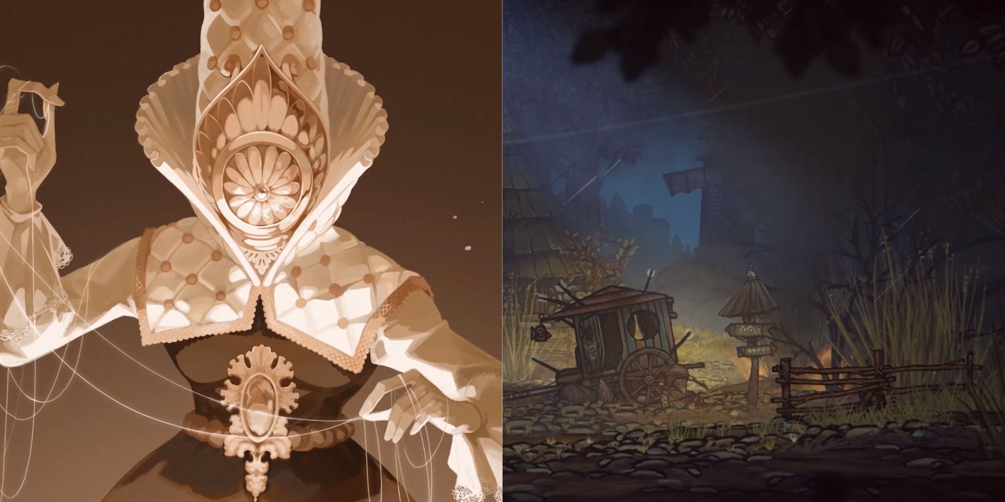 A collage showing a character from Blasphemous 2 on the left and one location of Tales of Iron on the right.