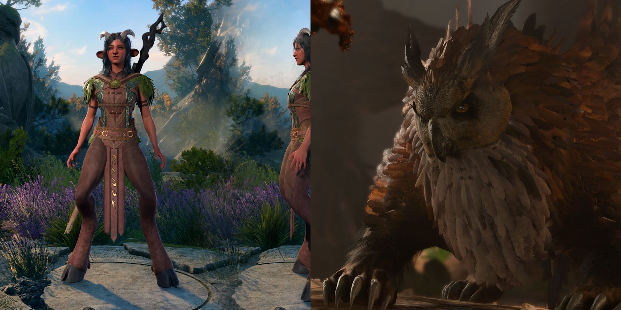 Split images of BG3 mods showing a Satyr species and Owlbear