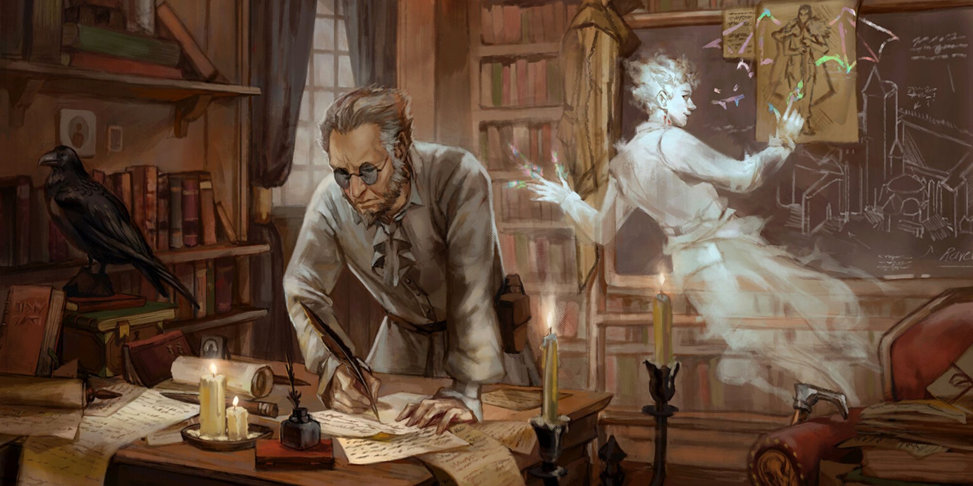 Van Richten and a ghost studying documents and writing on a board