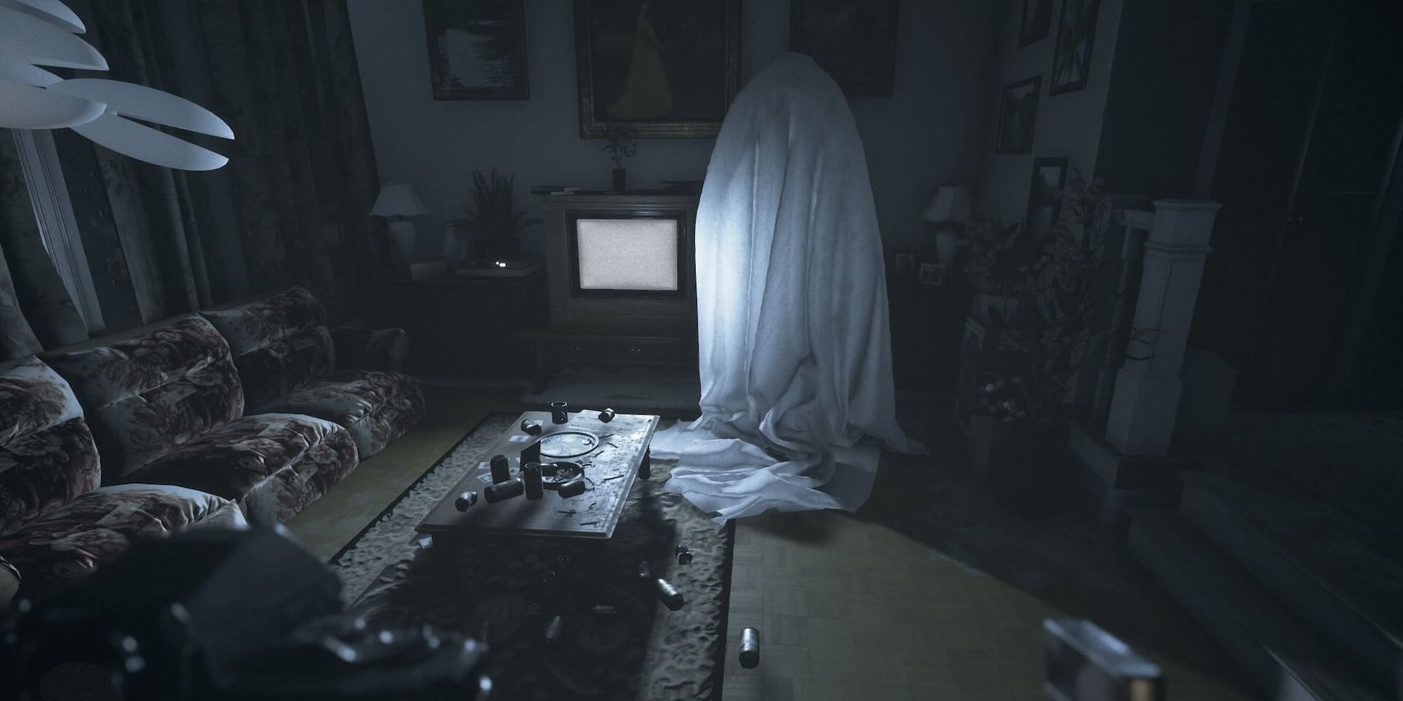 Visage: A Ghost Wearing A Sheet In The Dark Living Room