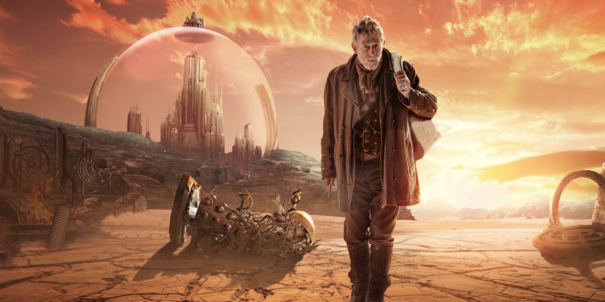 War Doctor walking past a dead Dalek on Gallifrey during the Time War