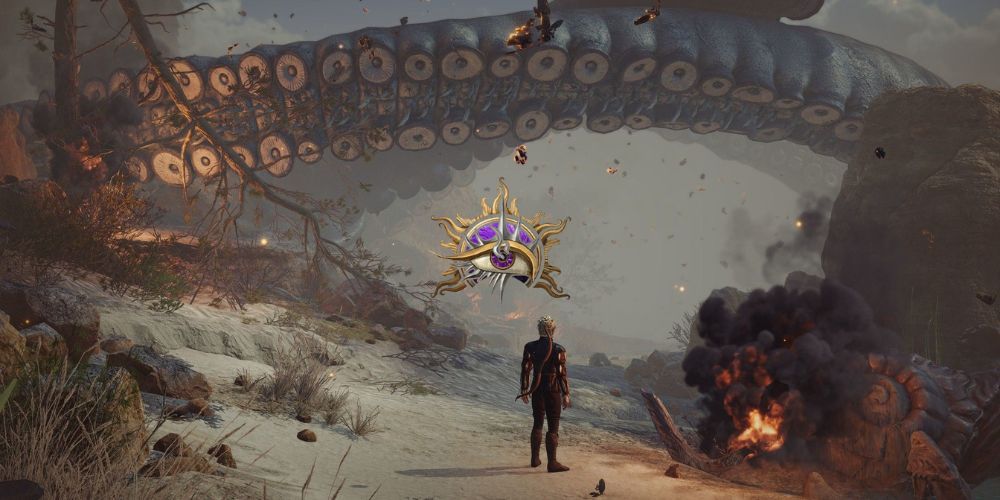 Warlock Icon Over Image of Astarion Overlooking Nautoloid Crash Site in Baldur's Gate 3