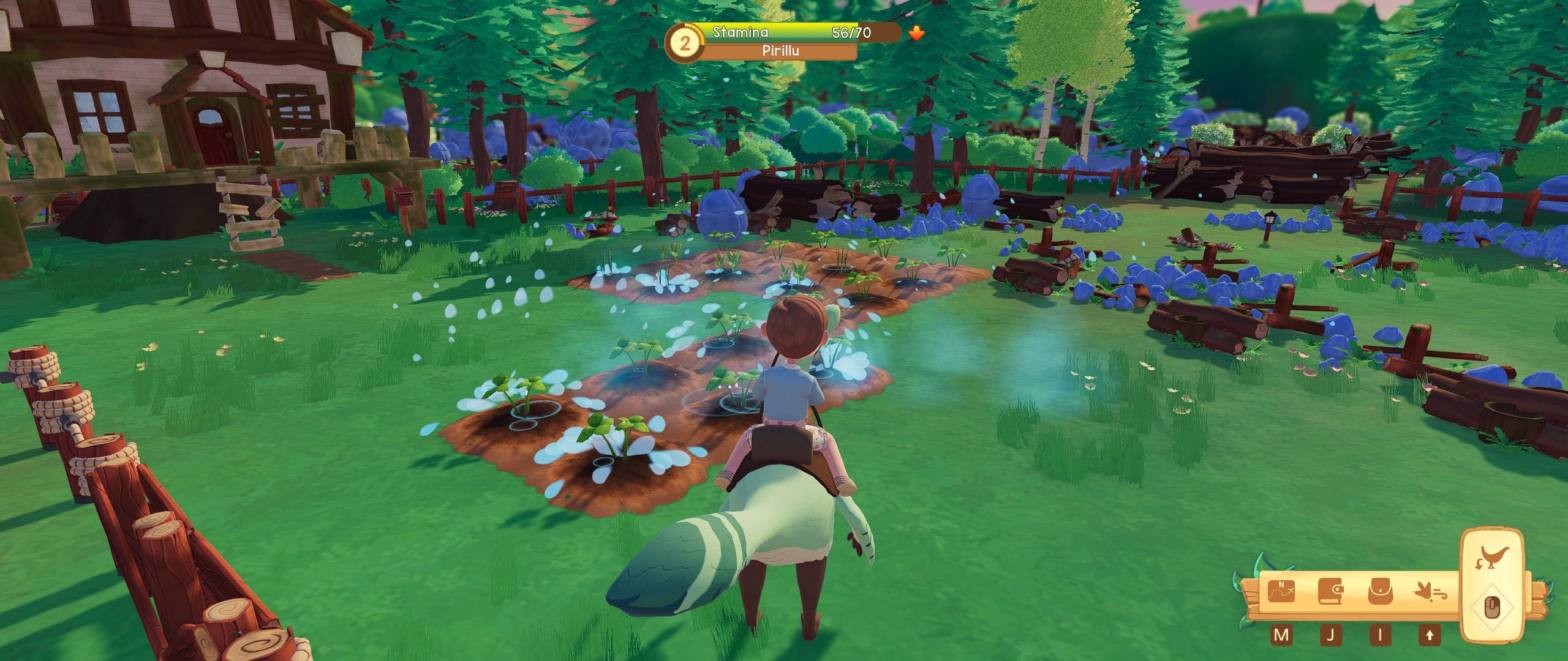 Watering a farm with a dinosaur in Paleo Pines