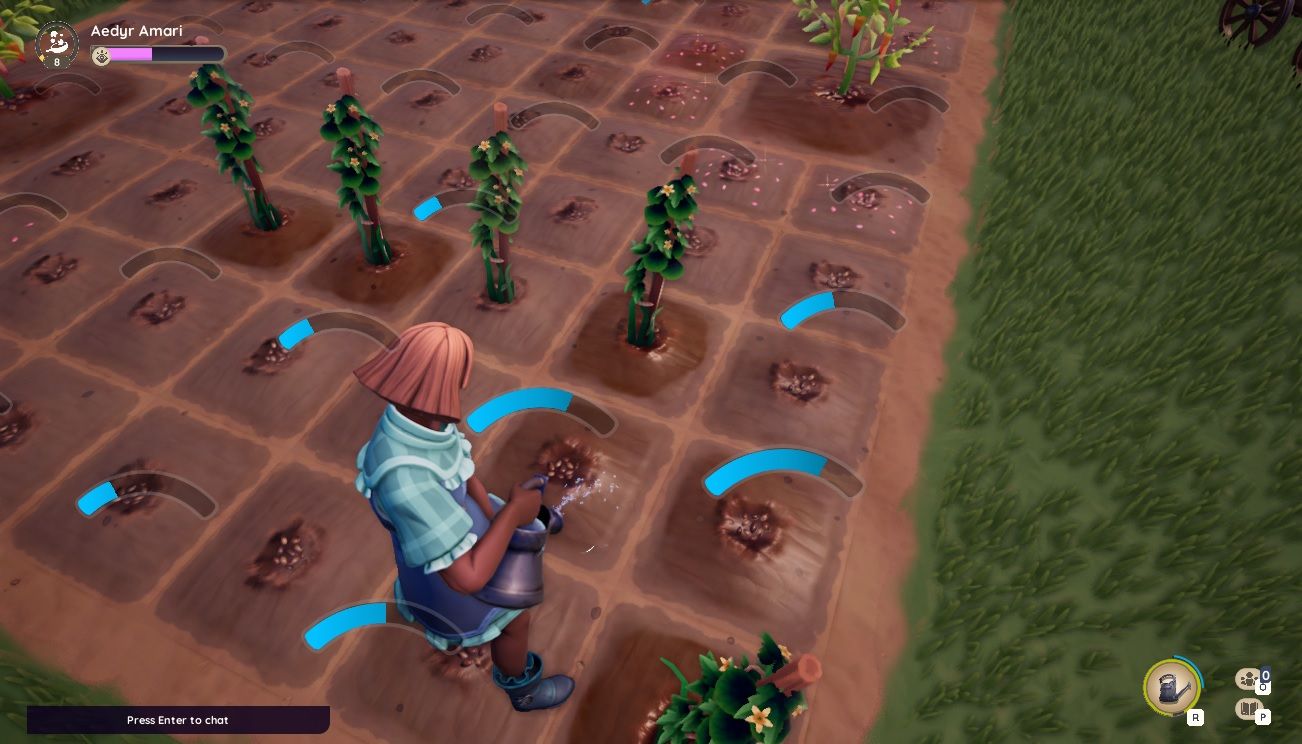 Player character watering seven plants at once with a Fine Watering Can at their housing plot in Palia.