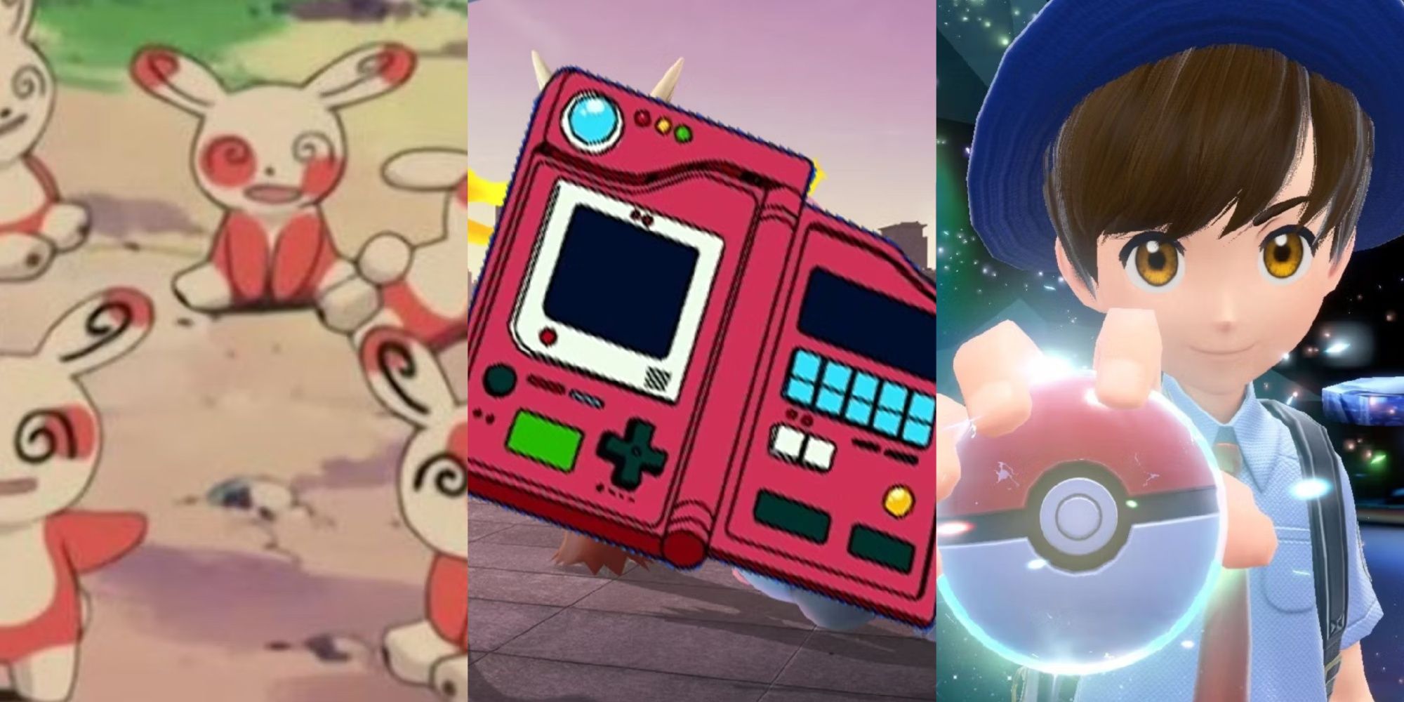A group of Spinda from the Pokemon anime, a pokdex, and a trainer in Scarlet and Violet holding a poke ball in a tera raid, left to right