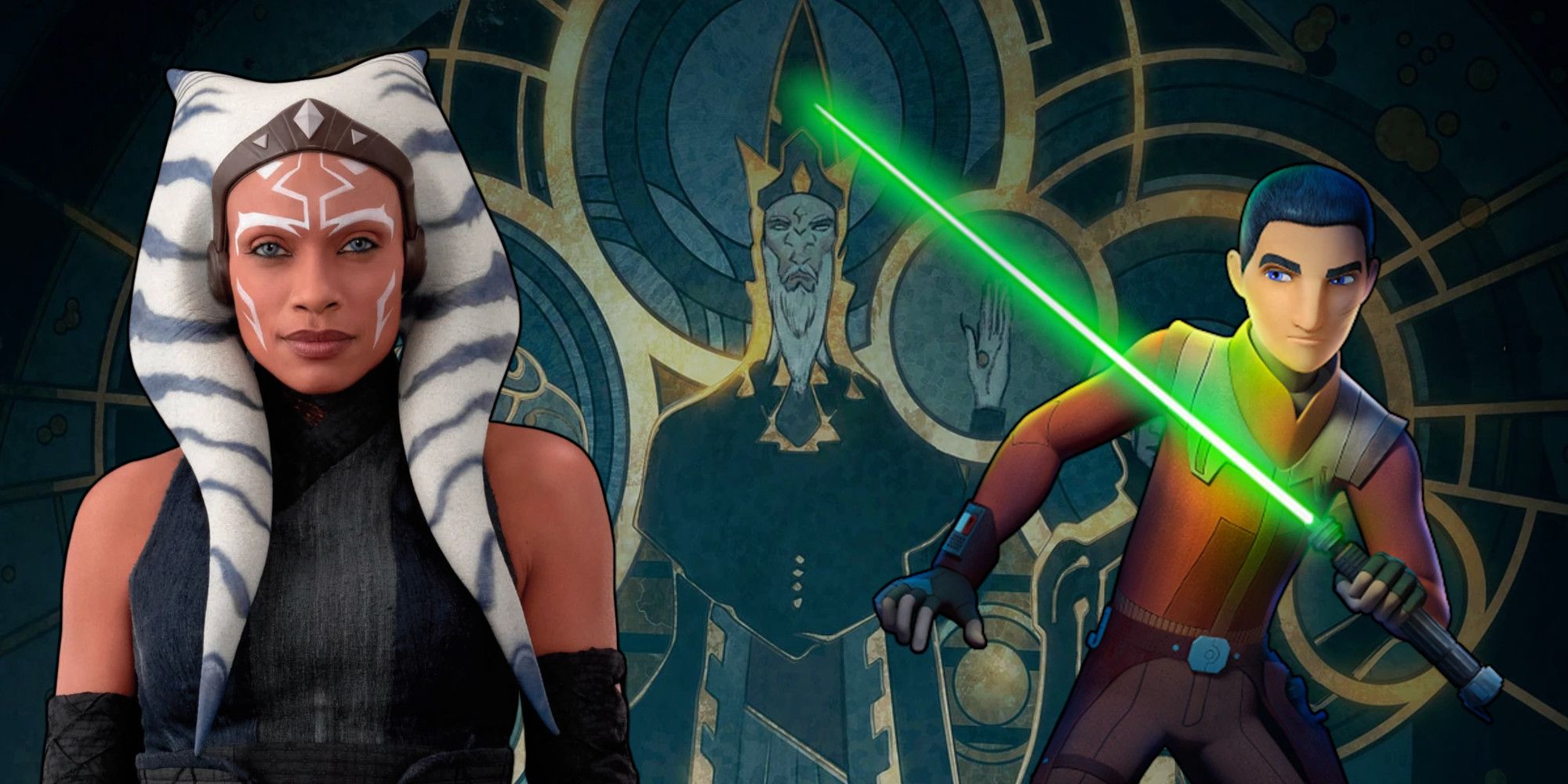 Ahsoka Tano and Ezra Bridger along with a painting of the Mortis Gods from Star Wars
