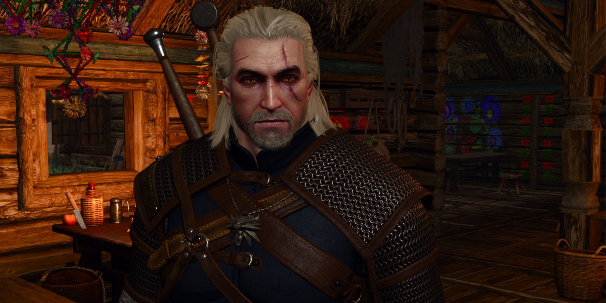 Witcher 3 Geralt with the default hairstyle wearing the standard gear while standing in the white orchard tavern