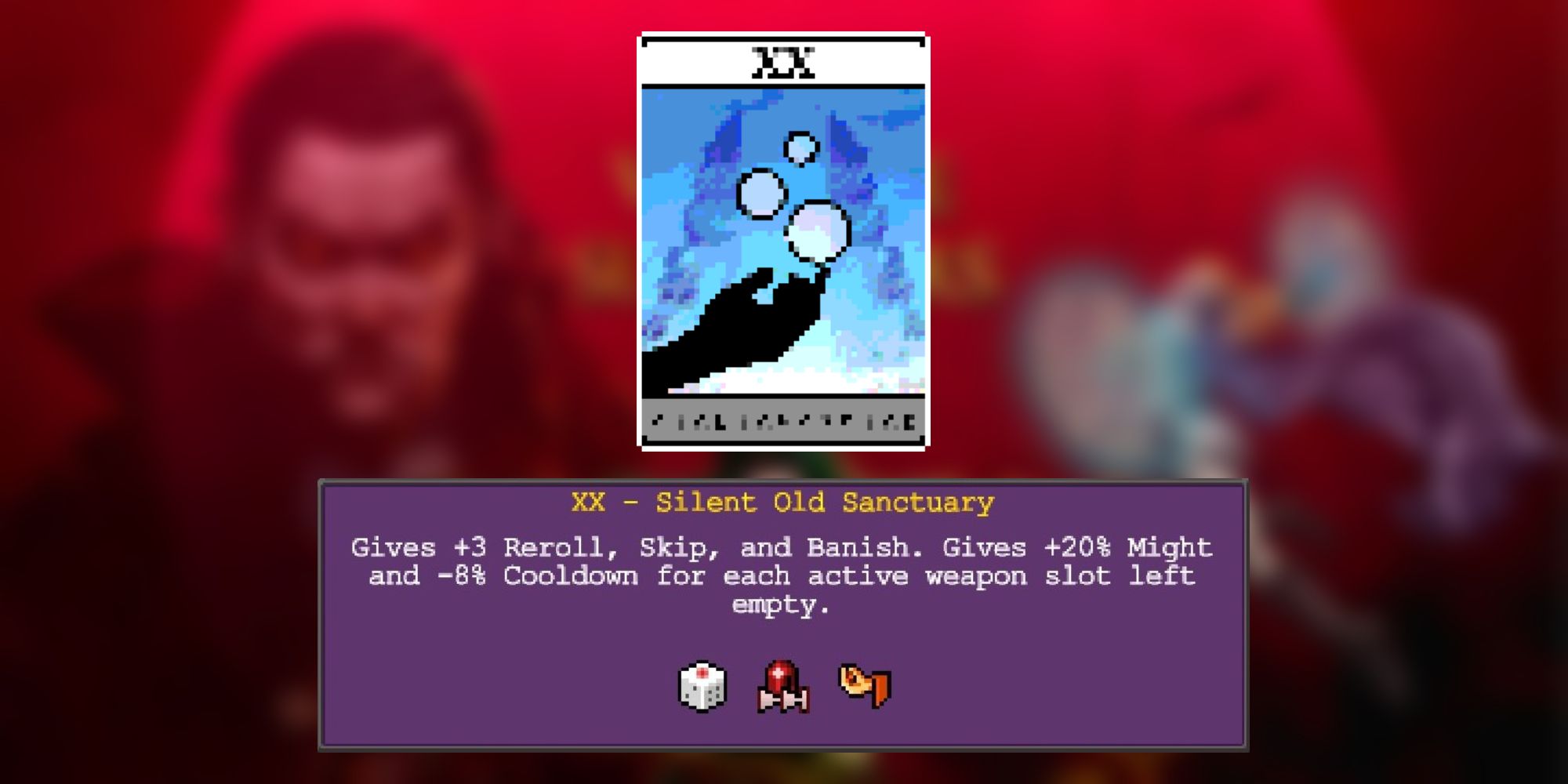 Image and description of Vampire Survivors' Silent Old Sanctuary Arcana