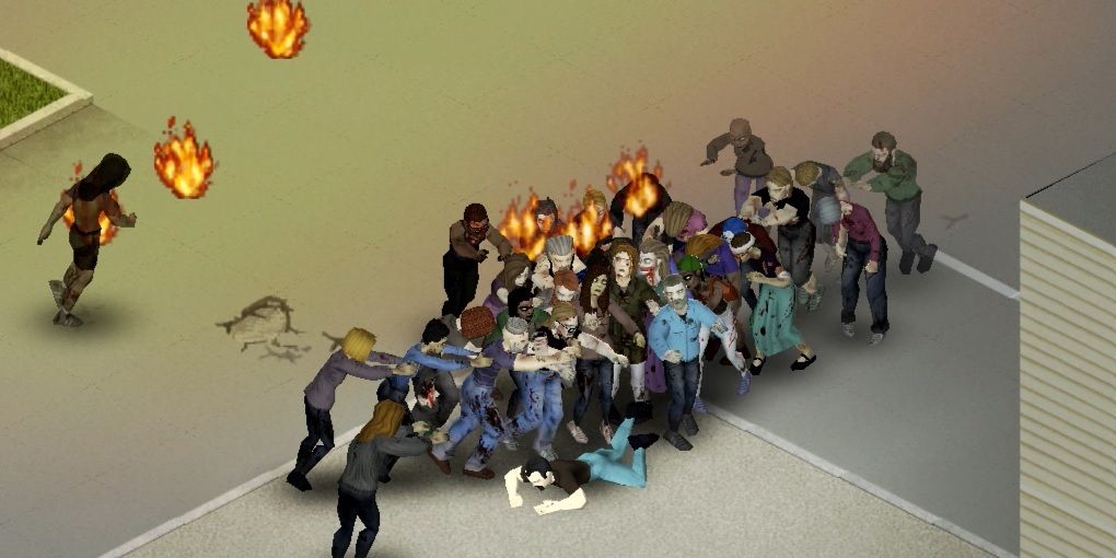 Zombies on Fire Surround a Character in Project Zomboid