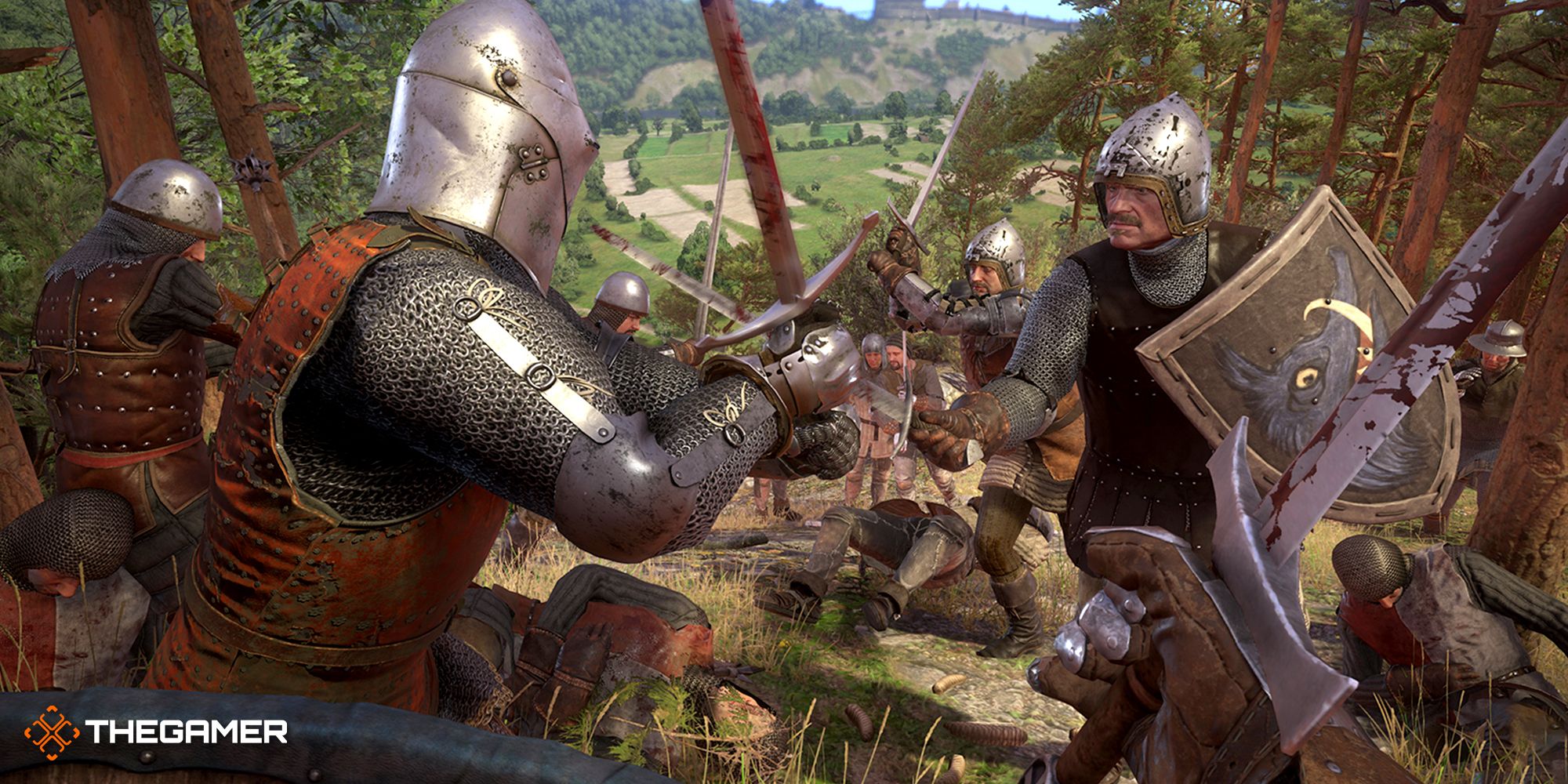 Kingdom Come Deliverance two armies fighting one another as two opposing soldiers face off.