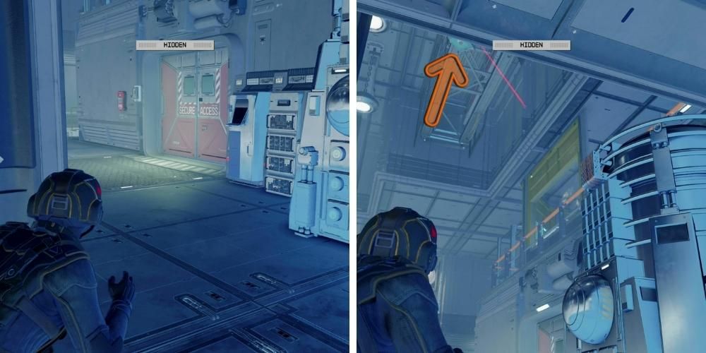 Starfield: Left: secure door that leads to prototype, right: turret above and outside prototype door