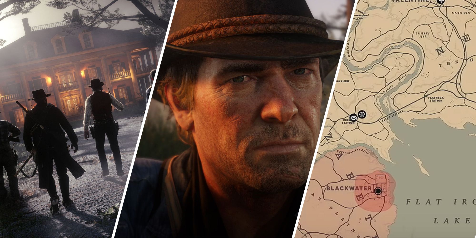 Split images of characters walking towards a building, a close up of Arthur Morgan, and the map in RDR2