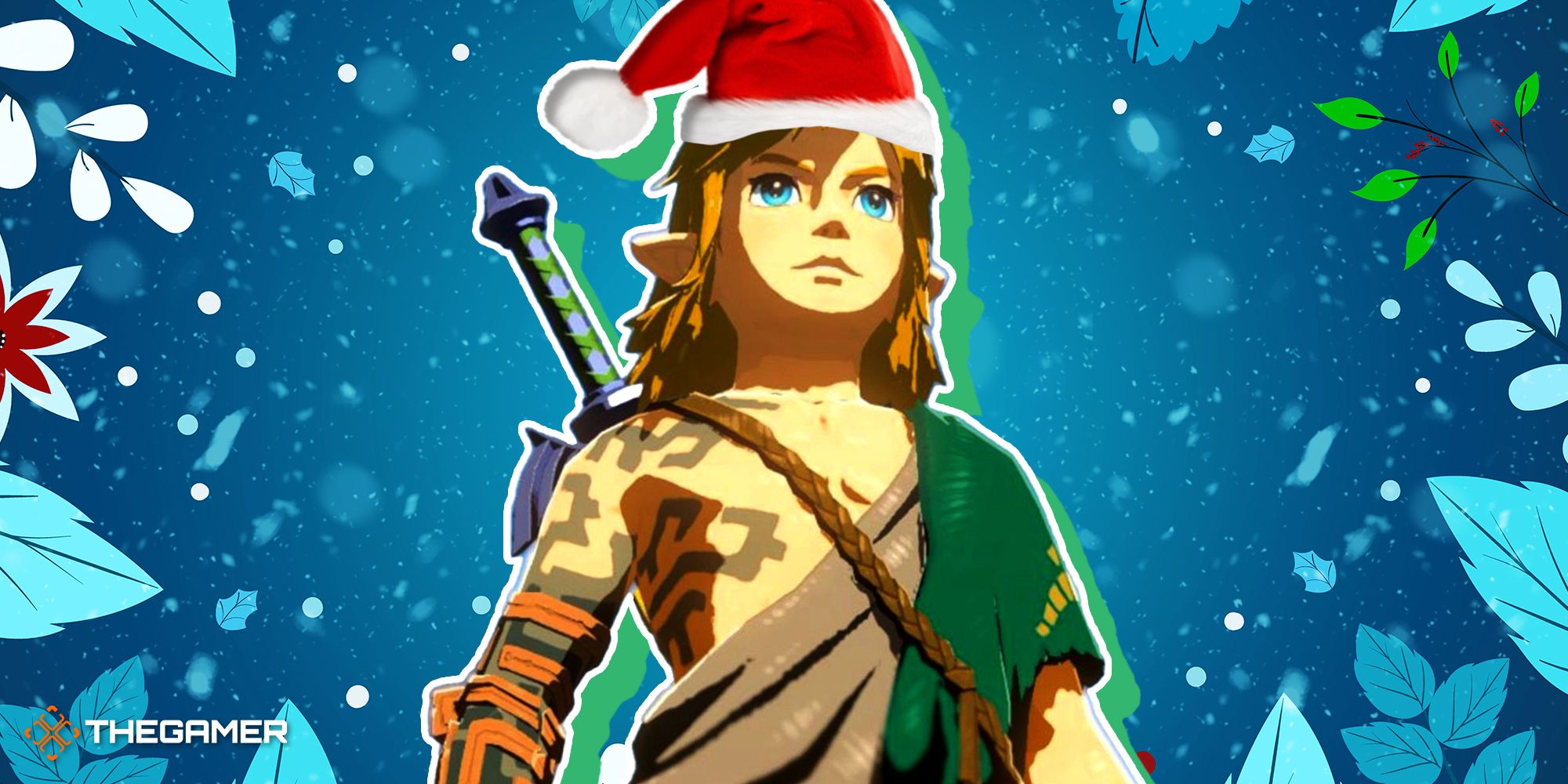 Link from Tears of the Kingdom wearing a Santa Claus hat with a festive holiday background behind him