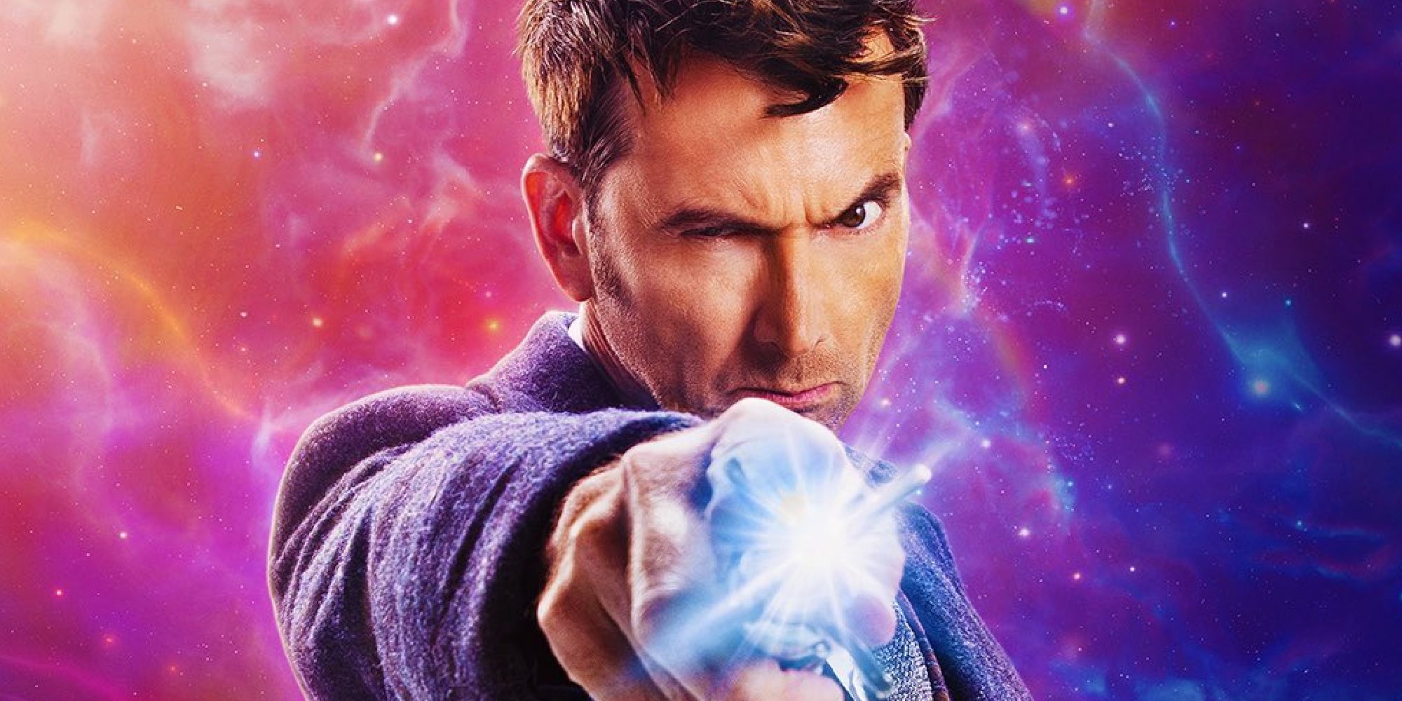 14th Doctor promo for Doctor Who's 60th anniversary, David Tennant pointing the sonic at the screen over a blue and purple space background