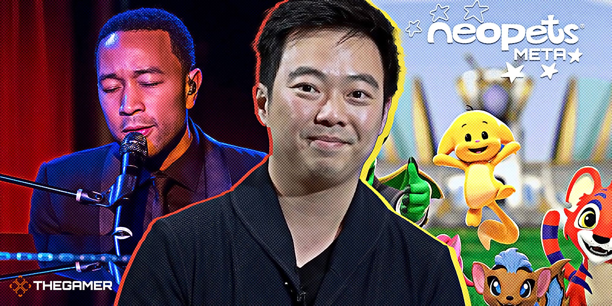Picture of Neopets CEO Dominic Law superimposed on a picture of John Legend and a screenshot from Neopets Meta
