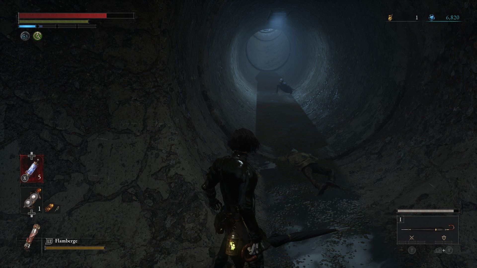P looks up pipes in culvert toward torso puppet in Lies of P